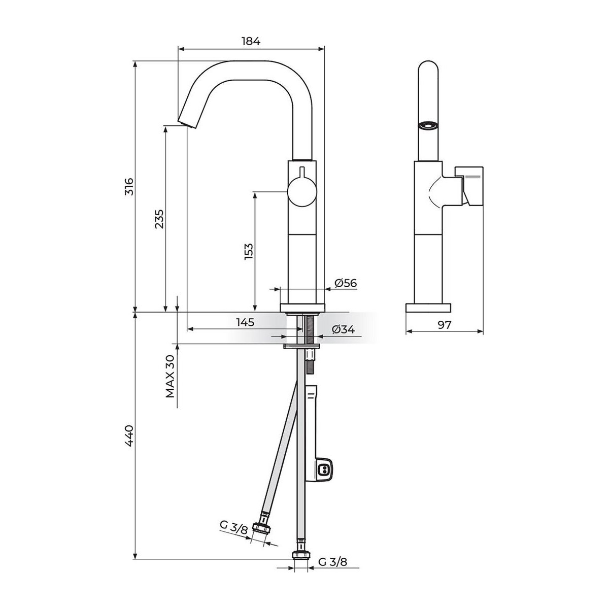 Rosan Stolz S3 Black baterija za lavabo XL 330209B — slika 2